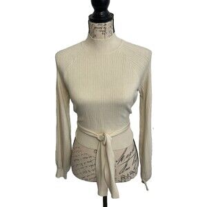 Forever 21 Sweater M Cream Rib Knit Crop Mock Neck Open Back Wrap Tie Pullover